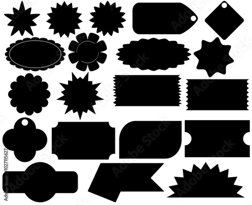 A graphic featuring a diverse set of black shapes, such as stars, tags, and abstract forms. These silhouettes could be employed as design elements or as frames for text.