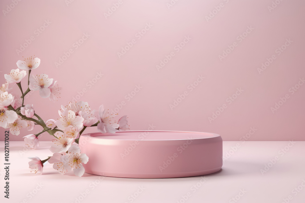 Elegant Spring Display with Blossoms on Pink Pedestal Elegant Spring Display with Blossoms on Pink Pedestal