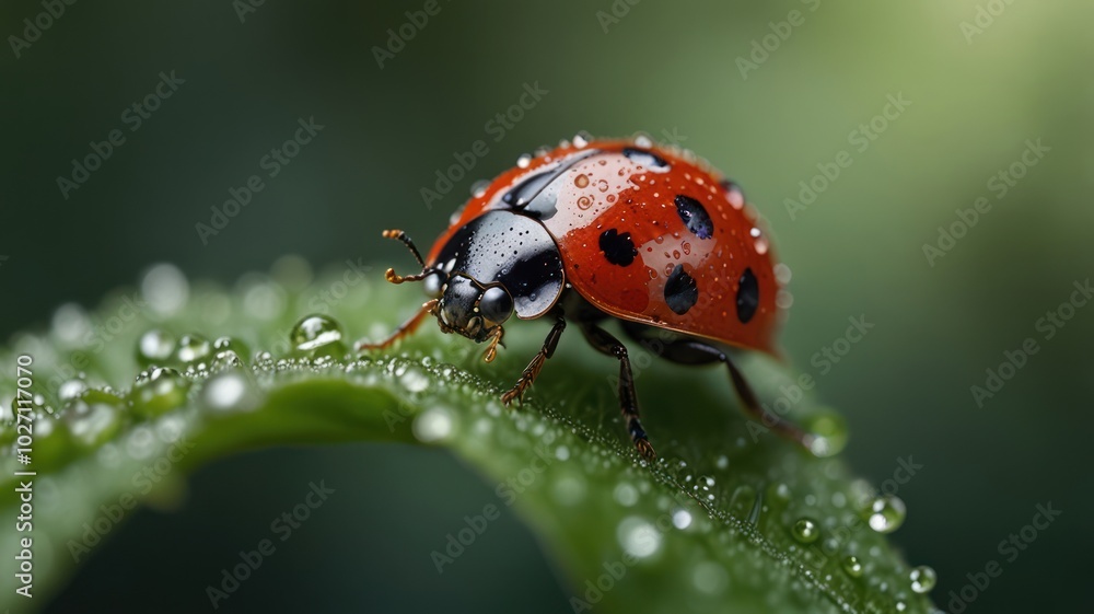 Fototapeta premium a vibrant ladybug perched on a dew-kissed leaf, its red shell glistening in the morning sunlight. Tiny droplets of water cling to its delicate legs and antennae, creating a sparkling effect.