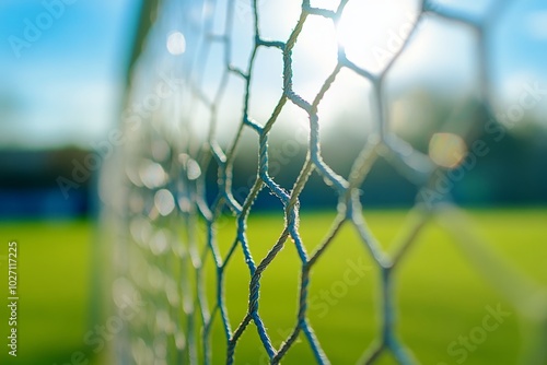 A close up view of a soccer goal net with sunlight shining through. This image captures the essence of sports and outdoor play. Perfect for promotional use. Generative AI photo