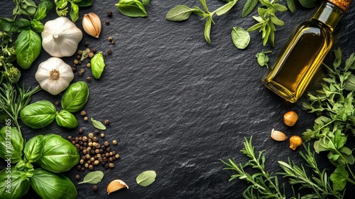 Fototapeta Naklejka Na Ścianę i Meble -  Fresh Herbs, Garlic, and Olive Oil on Black Slate