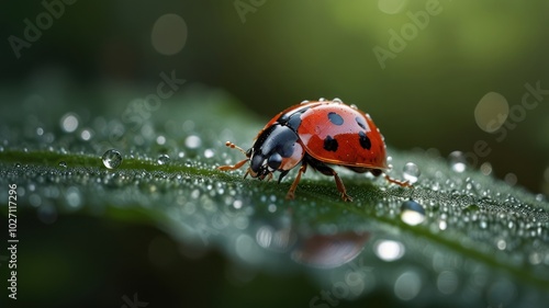 a vibrant ladybug perched on a dew-kissed leaf, its red shell glistening in the morning sunlight. Tiny droplets of water cling to its delicate legs and antennae, creating a sparkling effect.