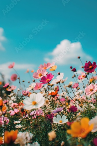 Fototapeta Naklejka Na Ścianę i Meble -  Field of flowers with blue sky