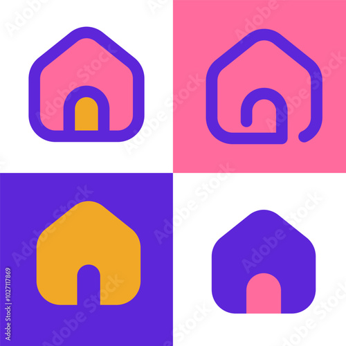 set of four colorful home icons in different styles with vibrant backgrounds, combining bold colors and textures