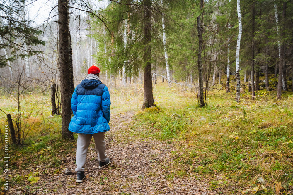 A person is strolling along a beautiful scenic trail that is enveloped by a vibrant, lush green forest, immersing in natures peace A person is strolling along a beautiful scenic trail that is enveloped by a vibrant, lush green forest, immersing in natures peace