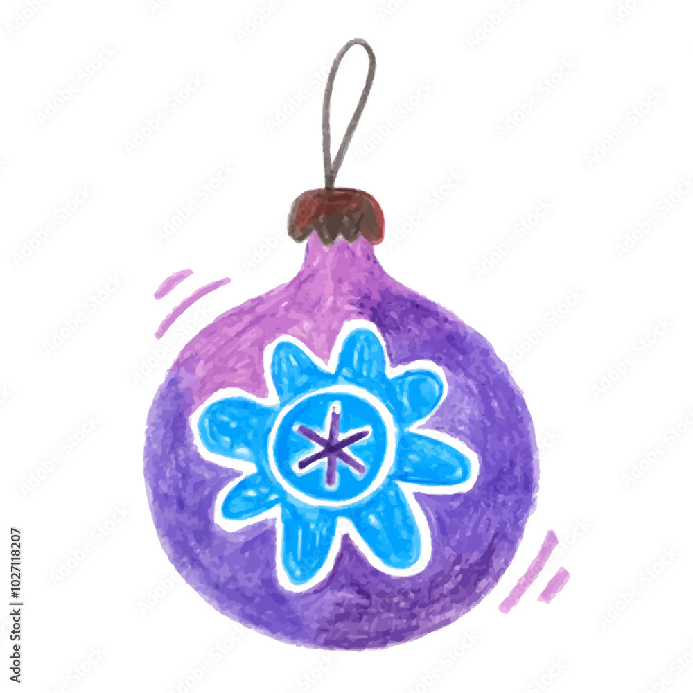 Christmas tree toy in the shape of a purple ball. Doodle drawing by hand with colored pencils. Drawings with crayon. Cute children's drawings. Cristmas and New Year's hand drawn design element. Christmas tree toy in the shape of a purple ball. Doodle drawing by hand with colored pencils. Drawings with crayon. Cute children's drawings. Cristmas and New Year's hand drawn design element.