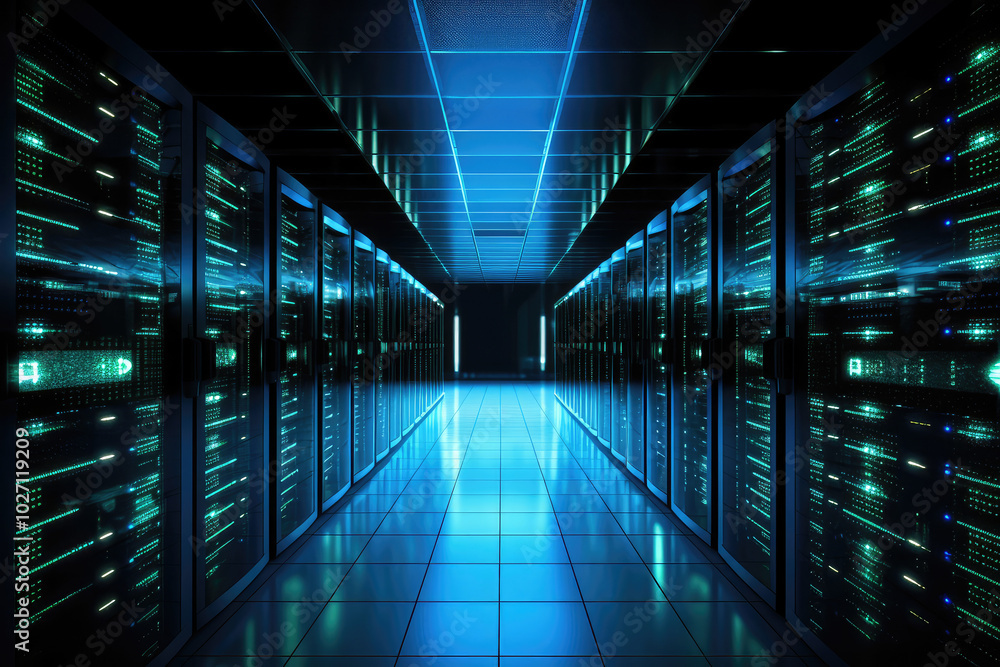 Futuristic Data Center With Blue LED Lighting Futuristic Data Center With Blue LED Lighting