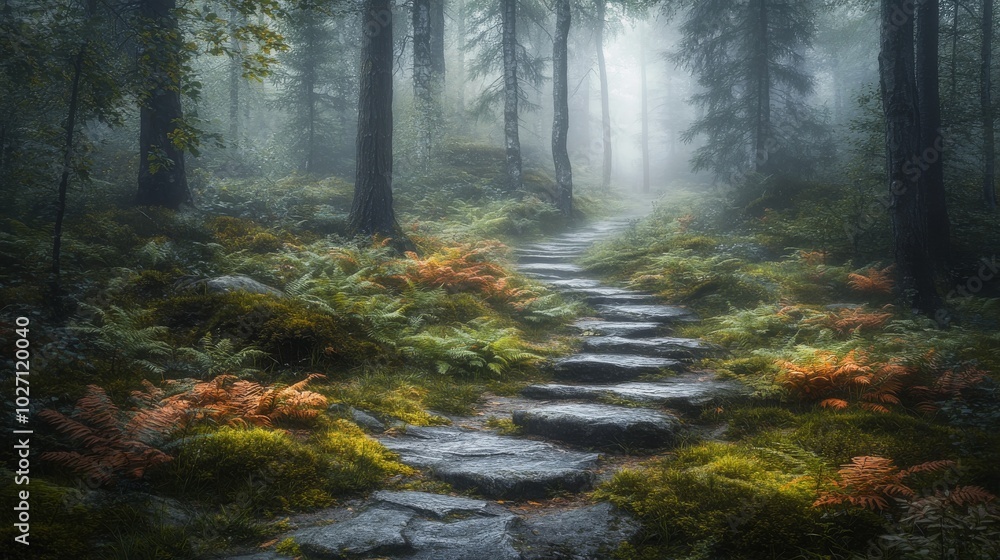 Obraz premium Stone Steps Leading Through a Misty Forest
