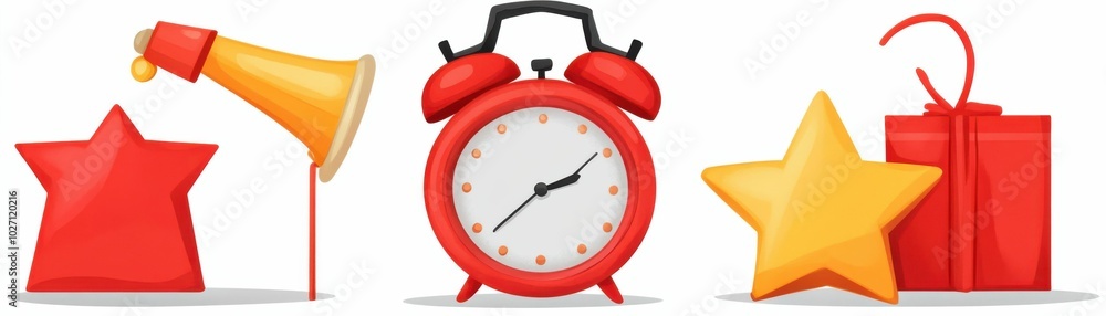 A vibrant illustration featuring a red alarm clock, a yellow megaphone, red gift box, and stars, creating a playful, festive scene.. A vibrant illustration featuring a red alarm clock, a yellow megaphone, red gift box, and stars, creating a playful, festive scene..