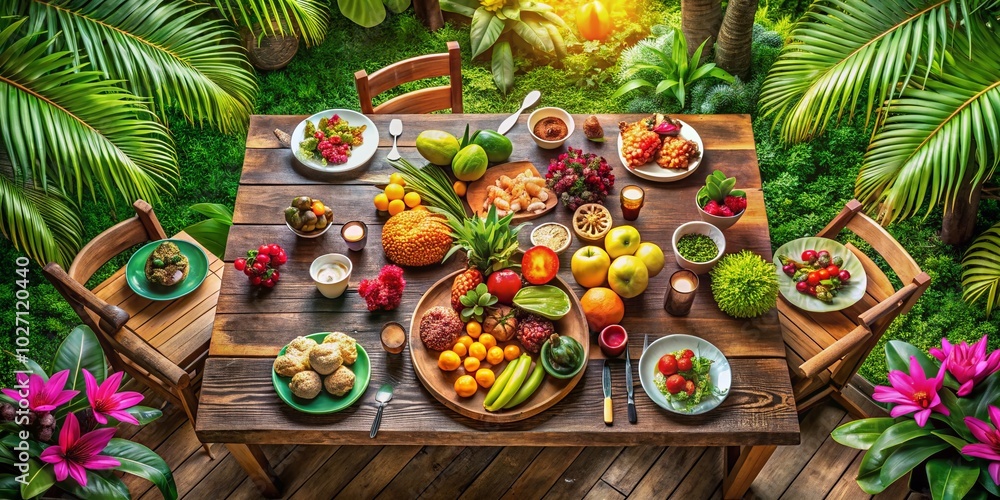 Fototapeta premium Wooden Table in a Lush Tropical Garden - Serenity and Nature's Beauty