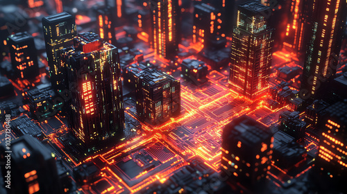 Futuristic city with data streams flowing in all directions, isometric view, illustrating data flow efficiency, digital tone, vivid