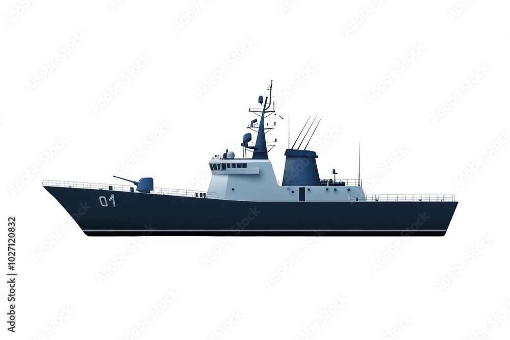 Fototapeta premium Military Warship with Gun Turret and Radar Systems