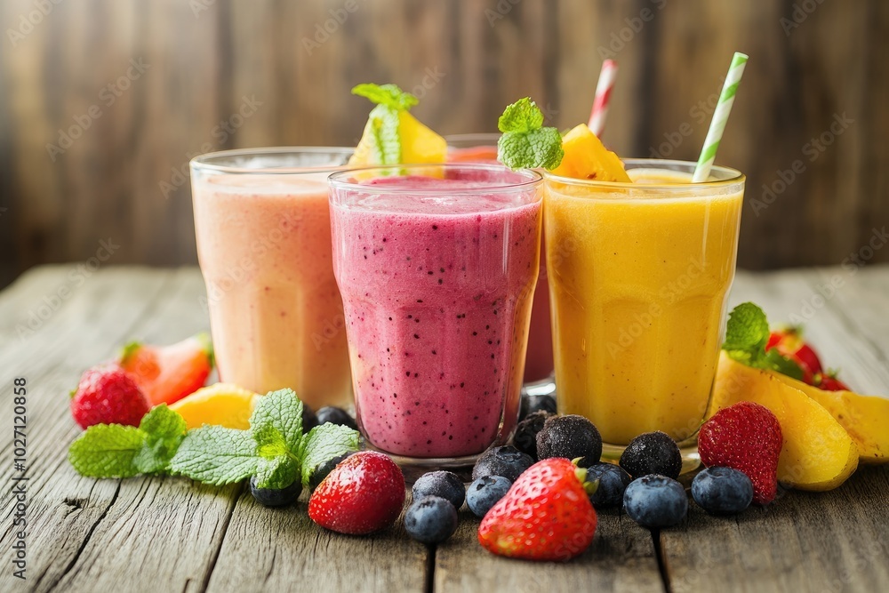 Three smoothies on a rustic table with fresh fruit and mint Three smoothies on a rustic table with fresh fruit and mint