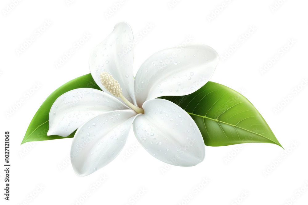 White Flower with Dew Drops and Green Leaves