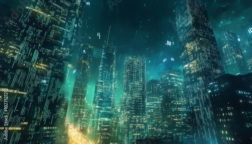 Futuristic cityscape with glowing digital data streams in the night sky.