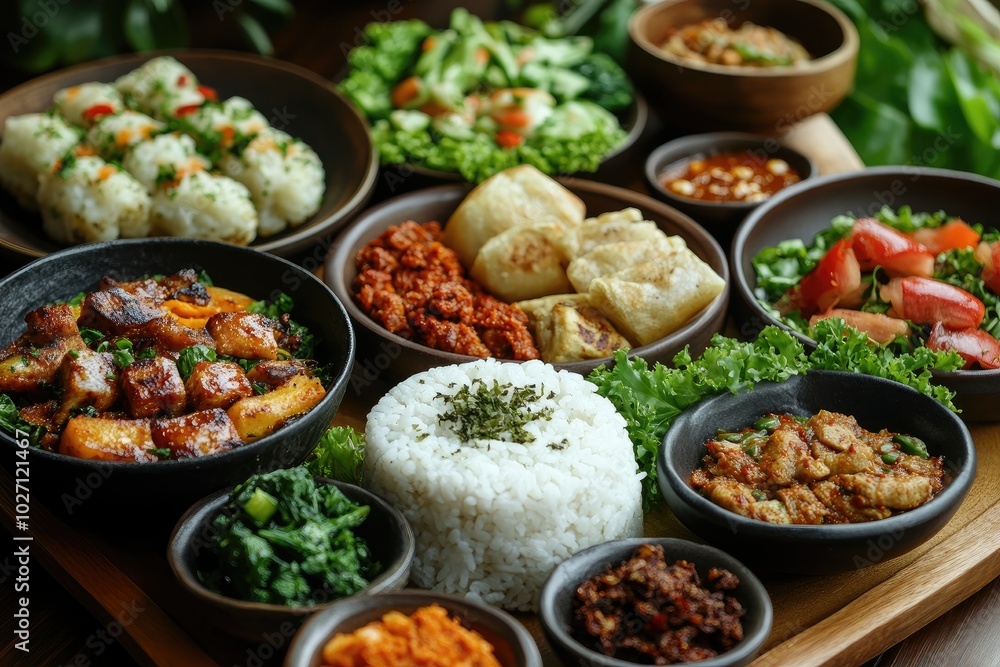 Assorted indian dishes served on rustic wooden table for dinner party Assorted indian dishes served on rustic wooden table for dinner party