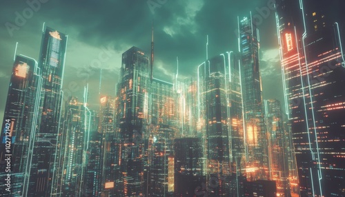 Futuristic cityscape with glowing lines and neon lights.