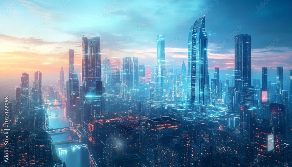 Futuristic cityscape with skyscrapers and glowing lights at sunset. Futuristic cityscape with skyscrapers and glowing lights at sunset.