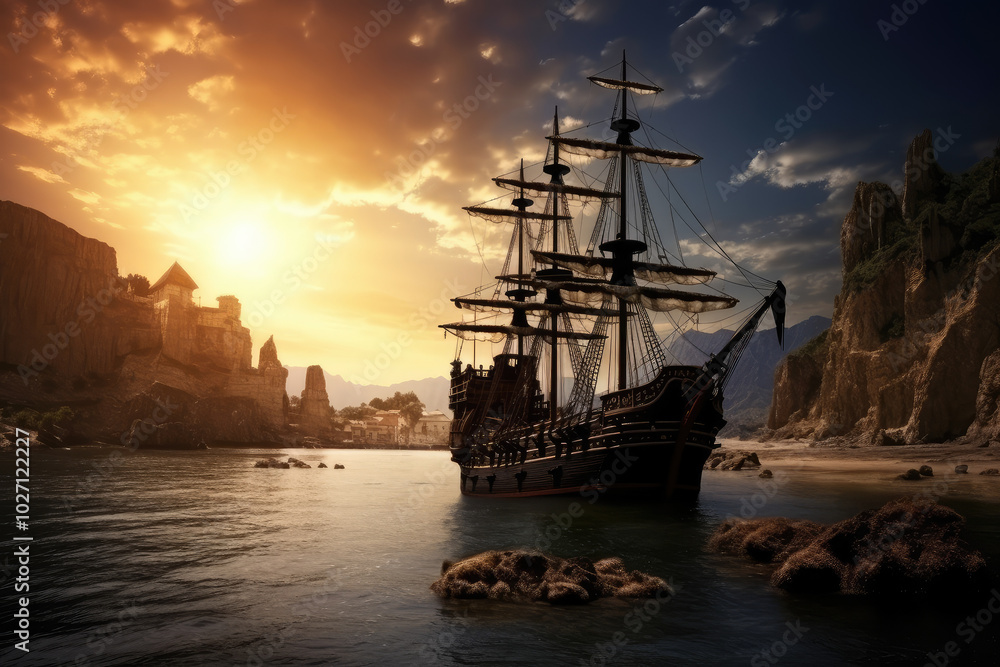 Majestic Galleon Sailing At Sunset In Mystic Cove Majestic Galleon Sailing At Sunset In Mystic Cove