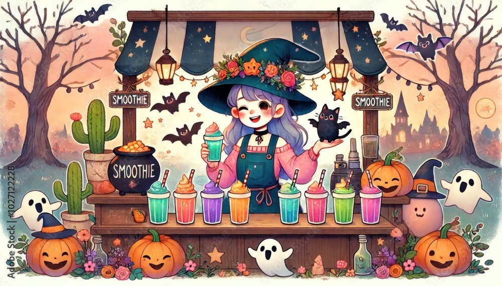 Naklejka premium Halloween Witch Selling Colorful Smoothies at Booth