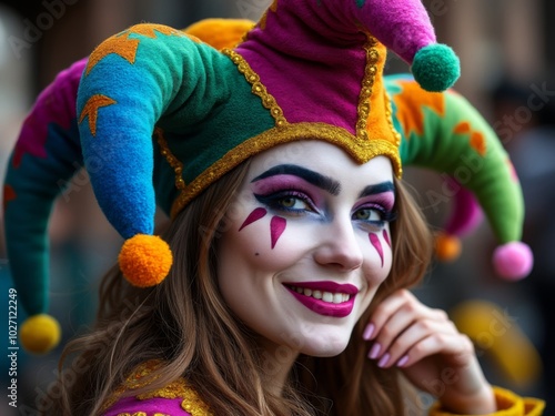 Portrait of a woman in a vibrant jester costume with artistic face paint and a colorful hat, symbolizing carnival fun and festive celebrations photo