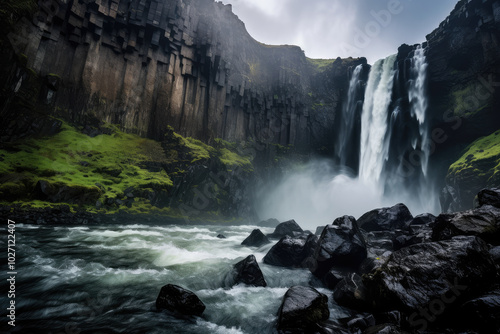 Majestic Waterfall Cascading Over Basalt Cliffs Under Dramatic Sky