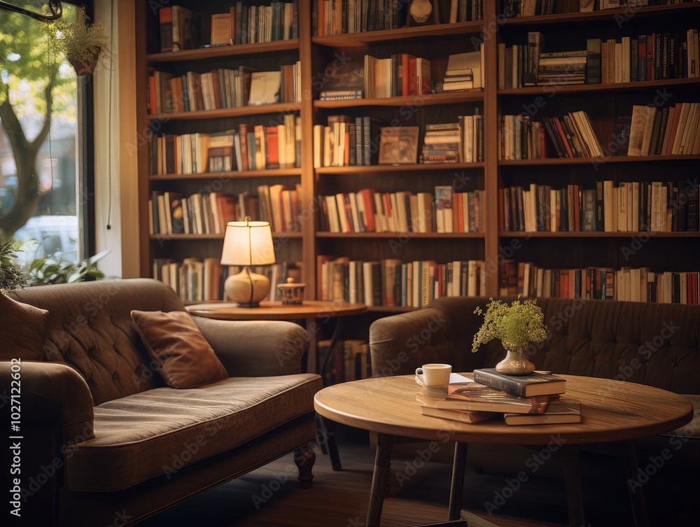 Cozy Bookshop Corner with Couch and Wooden Table Cozy Bookshop Corner with Couch and Wooden Table
