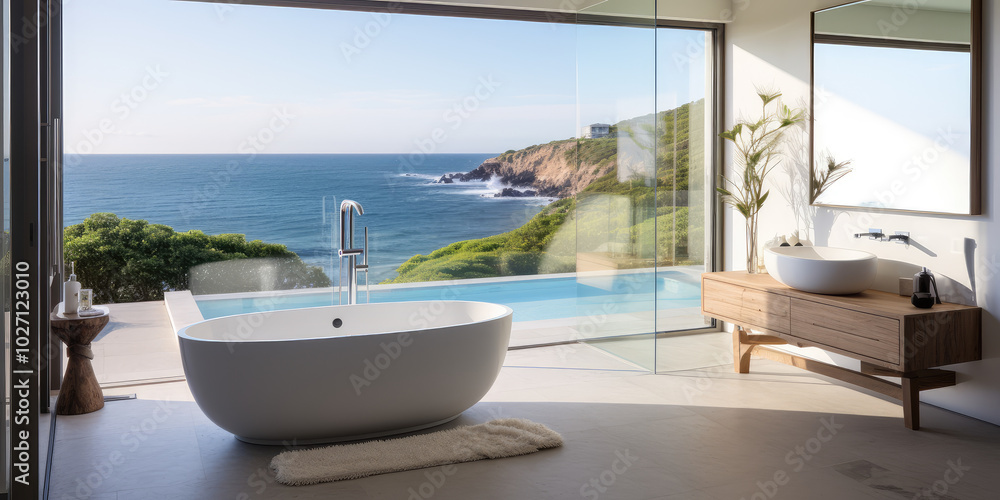 Fototapeta premium Luxurious Coastal Bathroom with Breathtaking Ocean View