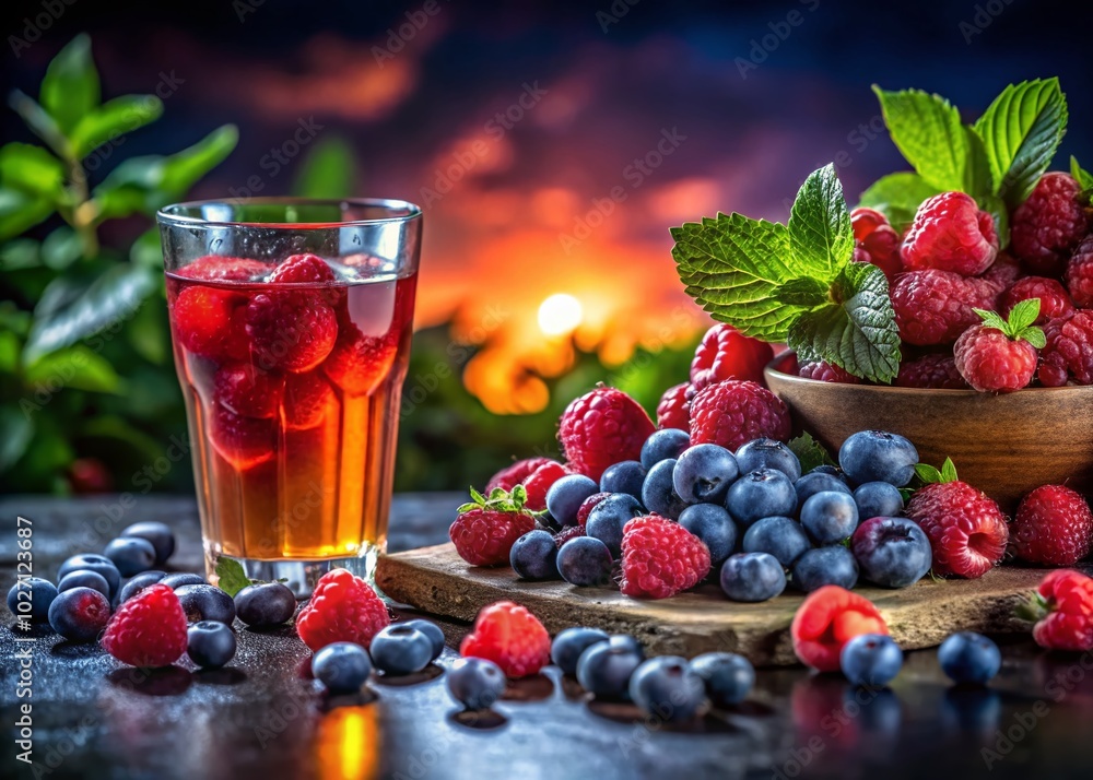 Freshly Harvested Raspberry and Blueberry Juice in Panoramic View for Summer Refreshments Freshly Harvested Raspberry and Blueberry Juice in Panoramic View for Summer Refreshments