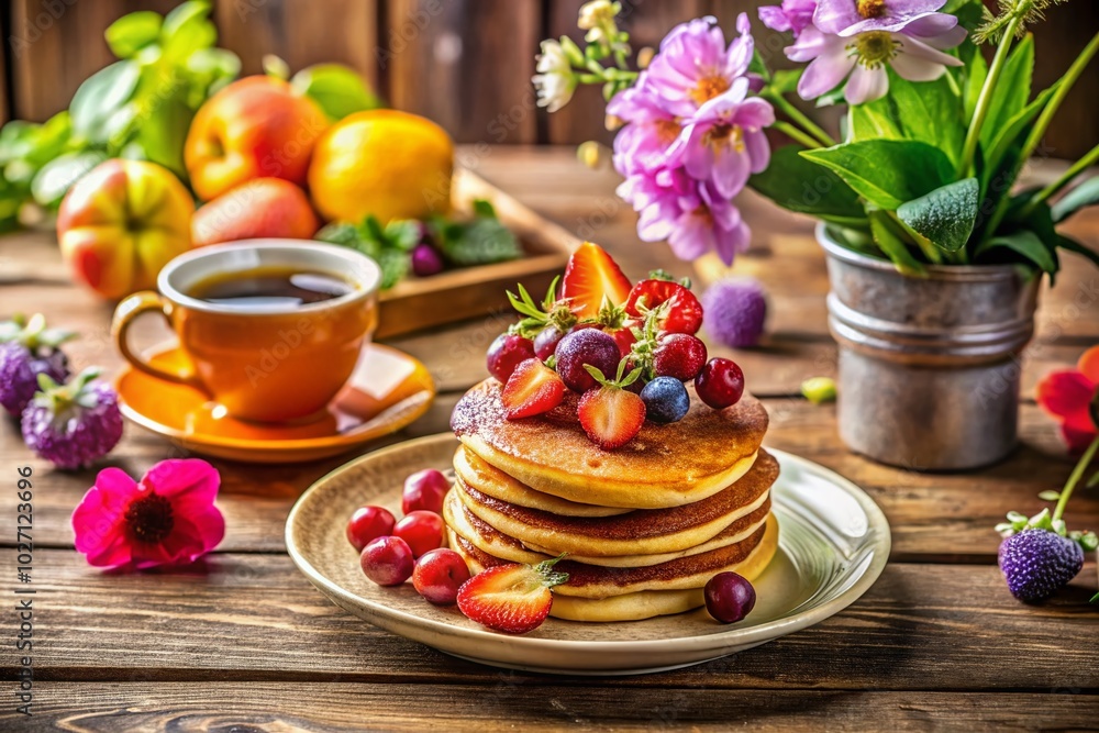 Freshly Brewed Coffee and Leftover Breakfast Delights on a Rustic Table Freshly Brewed Coffee and Leftover Breakfast Delights on a Rustic Table