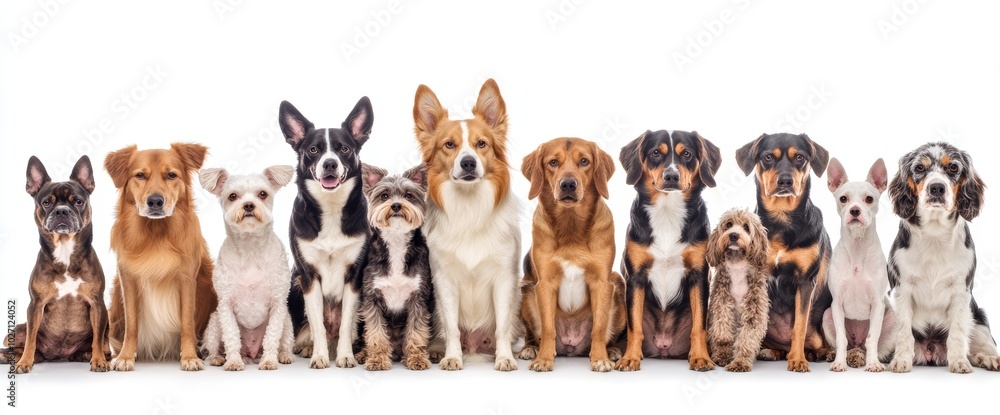 Group of mixed breed dogs sitting in a row looking at the camera. Group of mixed breed dogs sitting in a row looking at the camera.