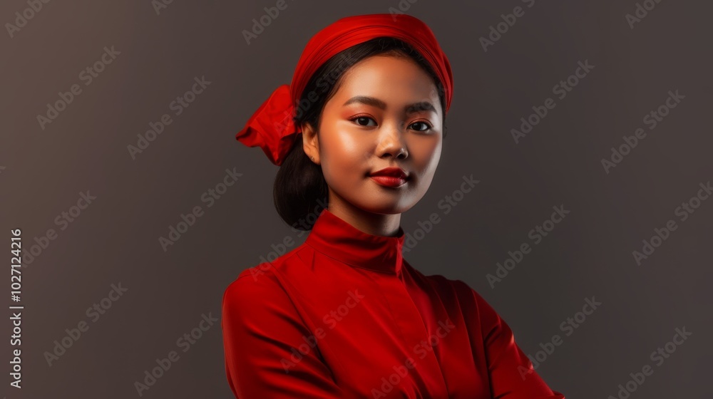 Black woman in red outfit and headscarf posing confidently Black woman in red outfit and headscarf posing confidently
