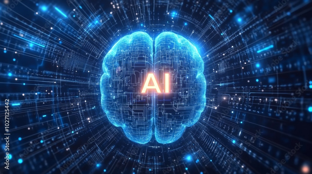 Fototapeta premium Neural pathways and data connections glowing in a futuristic AI brain visualization
