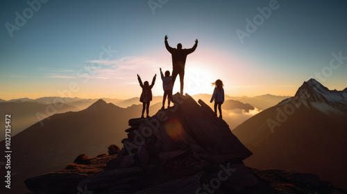 Victorious Silhouettes on Mountain Peak at Sunset