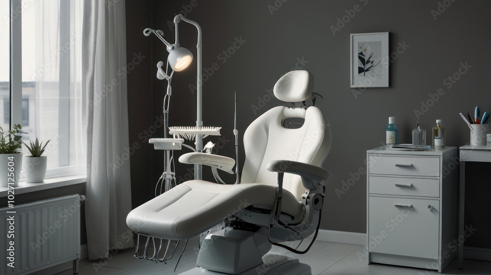 A modern, minimalist medical exam room with a white leather examination table and a chair in the center of the room. A modern, minimalist medical exam room with a white leather examination table and a chair in the center of the room.