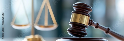 A gavel rests before scales of justice, representing fairness and authority, with soft lighting emphasizing the serious tone of a legal proceeding or court room.