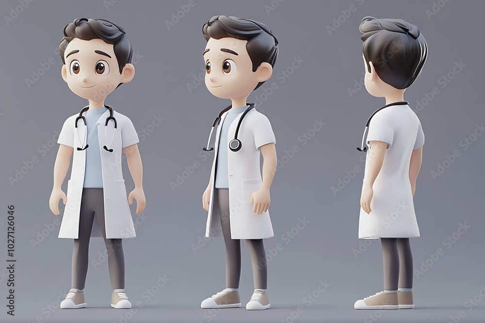 A 3D character model of a young male doctor in a white coat with a stethoscope.