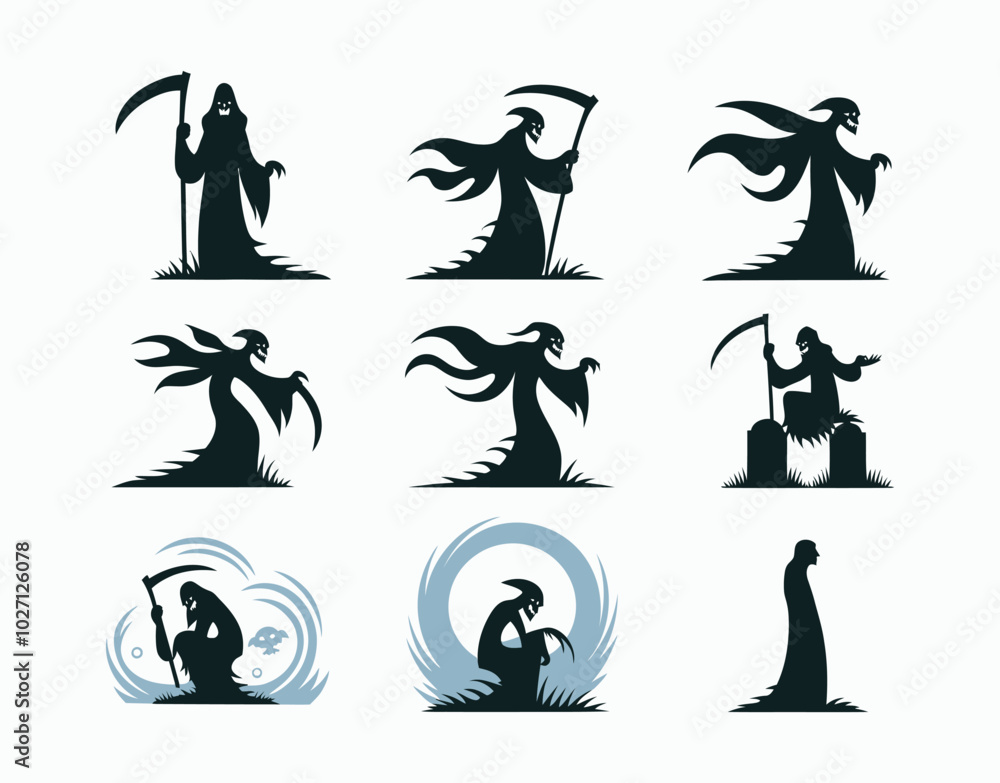 Grim Reaper Standing Tall Silhouette EPS Vector Template Illustration