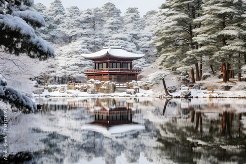 Wallpaper Mural Serene Winter Landscape with Oriental Pavilion and Lake Reflection Torontodigital.ca
