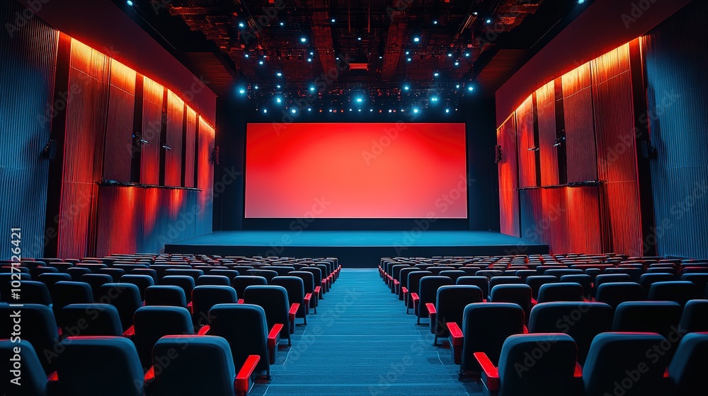 Obraz premium Row of seats and wide format mock up blank screen with stage, Cinema stage screen Mockup, Ai