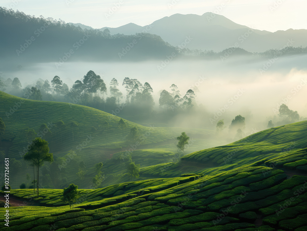 Obraz premium Misty Sunrise Over Lush Green Tea Plantation Hills