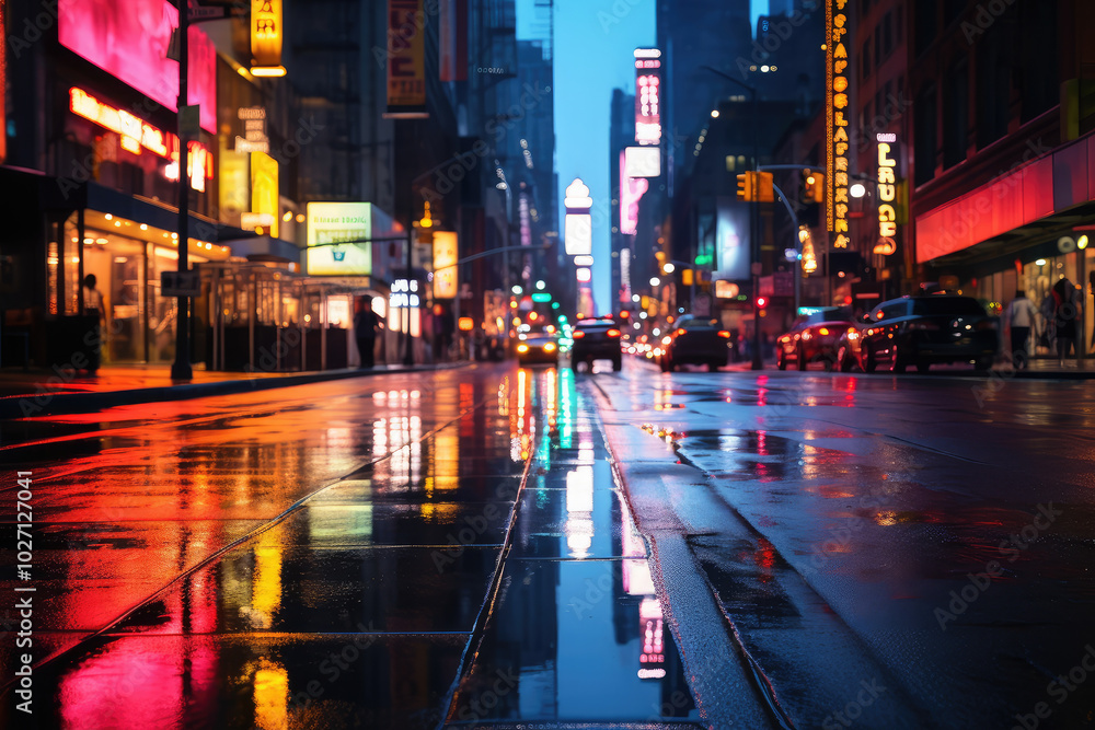 Obraz premium Rainy Evening in a Bustling City Lightscape