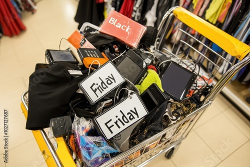 Shopping Cart Overflow: A shopping cart filled with electronics, toys, and clothes, all with large "Black Friday Sale" tags attached