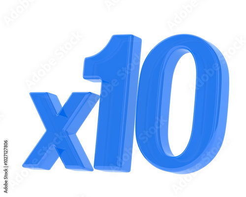 Blue x10 symbol on white background. Isolated 3d illustration