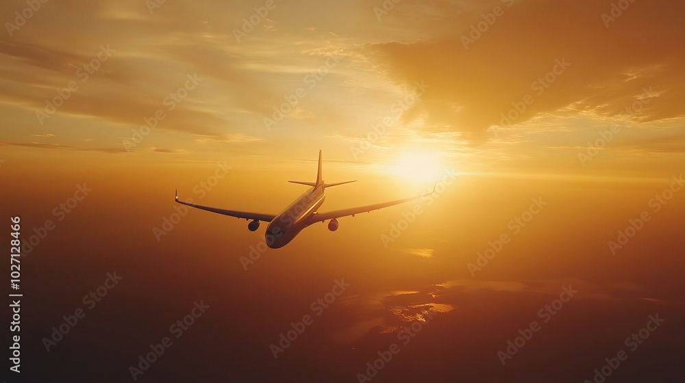 Obraz premium Airplane Flying at Sunset Over Scenic Landscape