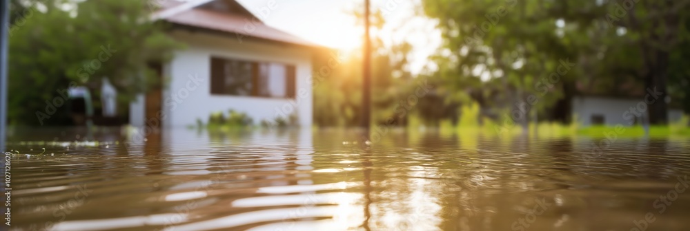 Water rises over the threshold of a house, muddy and reflecting sunlight, showing the impact of flooding and nature's power, surrounded by a lush outdoor area. Water rises over the threshold of a house, muddy and reflecting sunlight, showing the impact of flooding and nature's power, surrounded by a lush outdoor area.