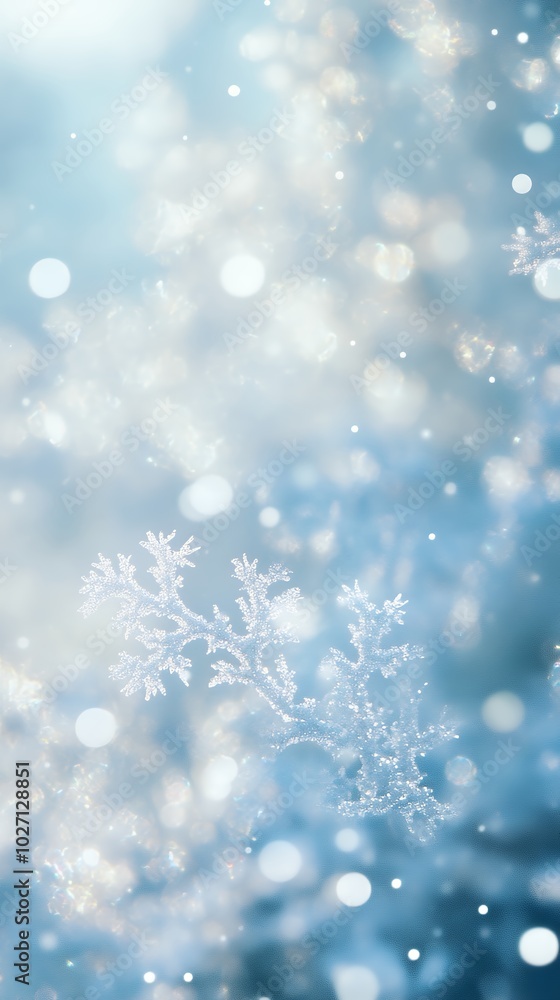 White snowflakes on a blue bokeh background with light sparkles. Winter holiday and Christmas concept. Design for wallpaper, greeting card, invitation, banner. Vertical composition with copy space. White snowflakes on a blue bokeh background with light sparkles. Winter holiday and Christmas concept. Design for wallpaper, greeting card, invitation, banner. Vertical composition with copy space.