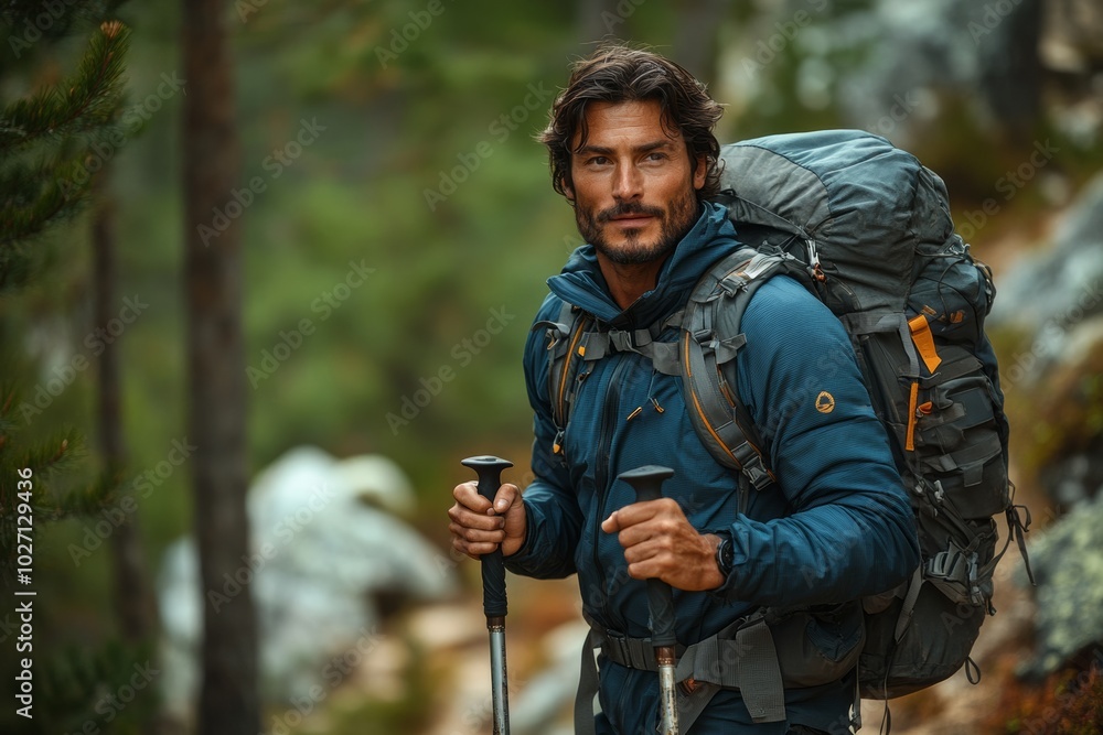 Man with a backpack and hiking poles is standing in a forest. man in his thirties wearing a blue long-sleeved hiking suit, carrying an outdoor backpack, holding metal pole, walks along mountain trail. Man with a backpack and hiking poles is standing in a forest. man in his thirties wearing a blue long-sleeved hiking suit, carrying an outdoor backpack, holding metal pole, walks along mountain trail.