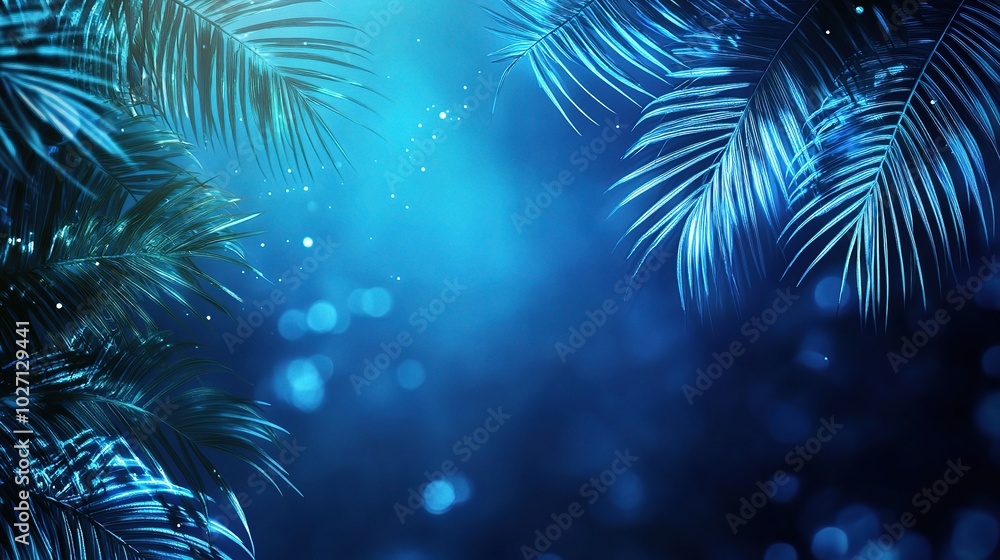 Tropical Palm Leaves Against Blue Bokeh Background Tropical Palm Leaves Against Blue Bokeh Background