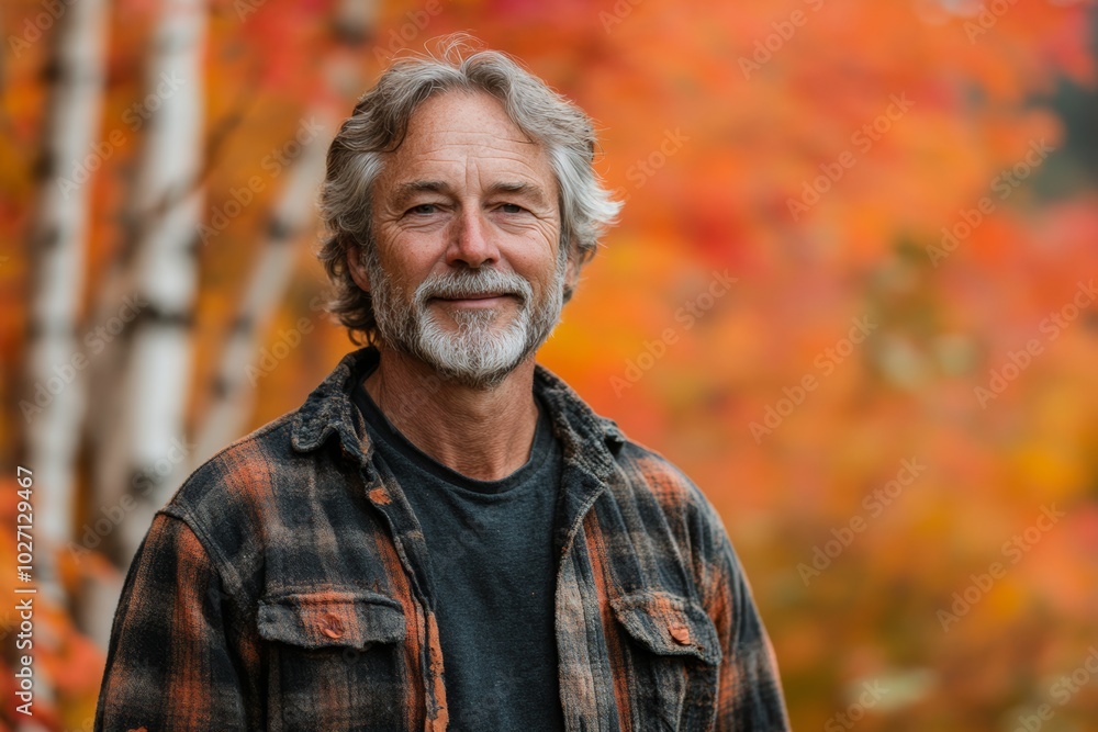 Man with a beard and gray hair is smiling in front of a tree with orange leaves. middle aged man in all flannel with small brown stains on her clothes, standing in the middle of a maple forest, Man with a beard and gray hair is smiling in front of a tree with orange leaves. middle aged man in all flannel with small brown stains on her clothes, standing in the middle of a maple forest,